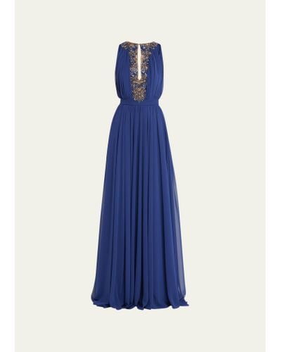 Reem Acra Beaded Side-slit Sleeveless Pleated Chiffon Gown - Blue