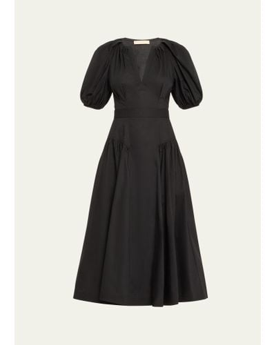 Ulla Johnson Carina Puff-sleeve Belted Midi Cotton Poplin Dress - Black