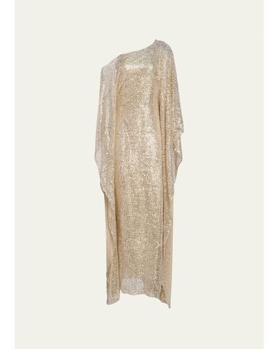 Halston Dee Draped One-shoulder Sequin Gown - Natural