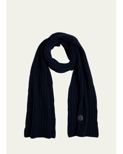 Moncler Wool English Rib Scarf With Leather Logo Patch - Blue