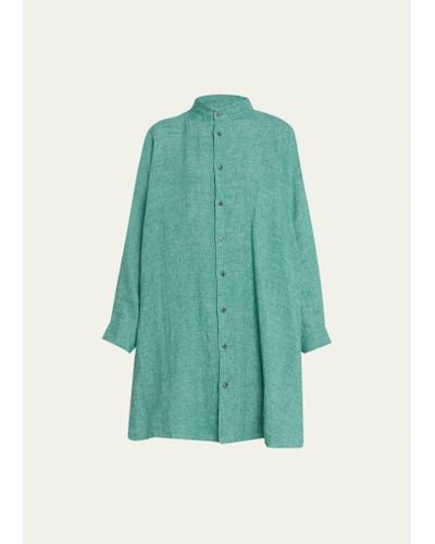 Eskandar Wide A-line Collarless Linen Shirt (very Long Length) With Slits - Green