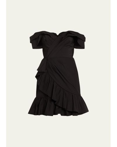 Marchesa Off-shoulder Ruffle Taffeta Mini Dress - Black