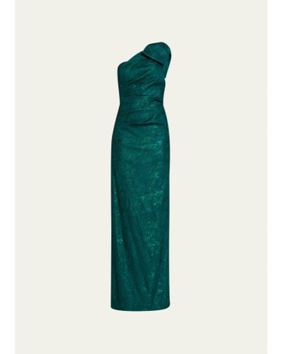 Teri Jon Pleated One-shoulder Jacquard Column Gown - Green