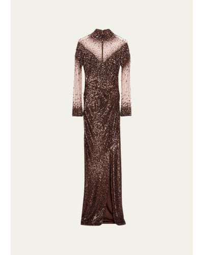 Pamella Roland Illusion Tulle Sequin Gown With Oversized Crystals - Natural