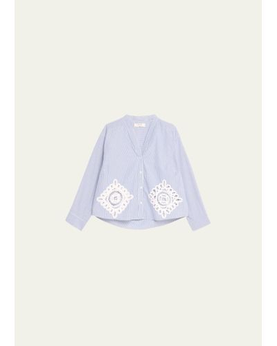Sea Tory Pinstripe Embroidered Shirting Top - Blue