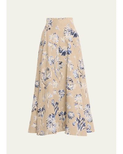 Lela Rose Floral High Waist Full Linen Skirt - White