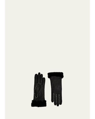 Agnelle Ecru Stitched Leather Gloves - Black