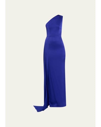 Alex Perry Satin Crepe One-shoulder Column Gown With Sash - Blue