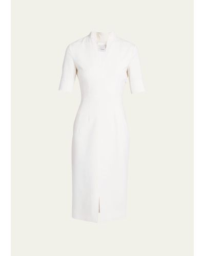 Agnona V-neck Double Wool Stretch Midi Dress - Natural