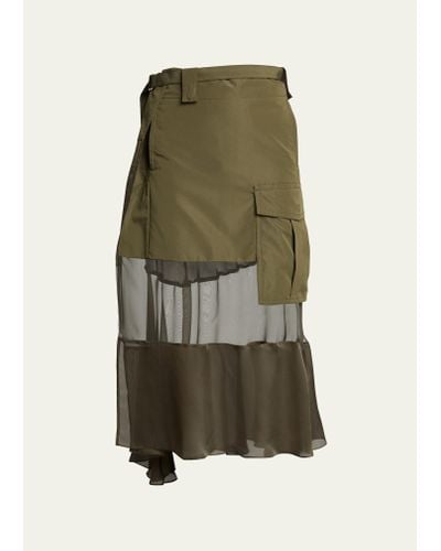 Sacai Sheer Belted Mixed-fabric Midi Skirt - Green