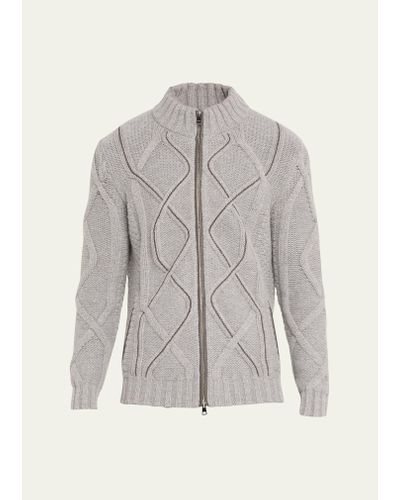 Bergdorf Goodman Wool-cashmere Cable Knit Full-zip Sweater - Gray