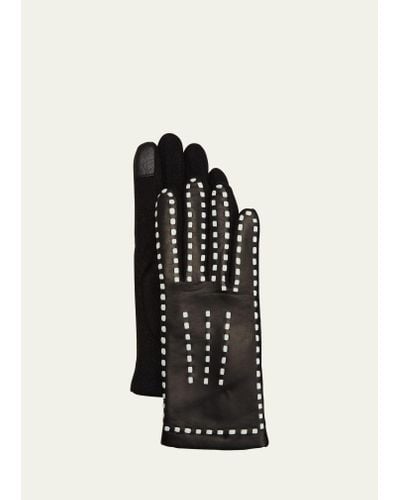 Agnelle Contrast Stitching Leather & Cashmere Gloves - Black