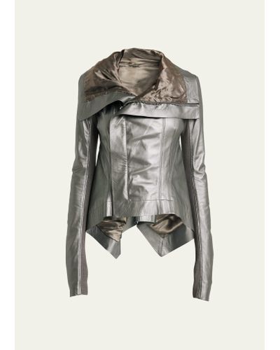 Rick Owens Metallic Leather Asymmetric Moto Jacket - White