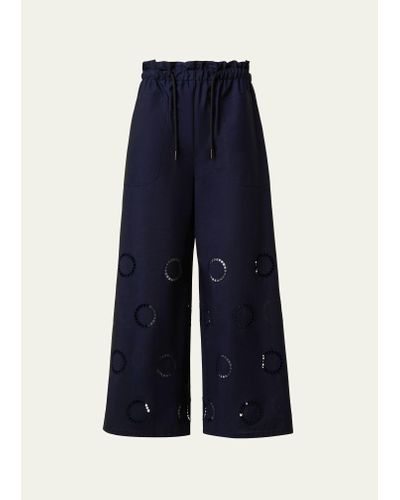 Akris Punto Frey Cotton Drawstring Pants With Circle Eyelet Embroidery - Blue