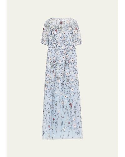 Teri Jon Floral-embroidered Applique Tulle Gown - Blue