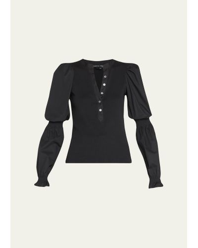 Veronica Beard Effy Button-front Cinched Sleeve Top - Black