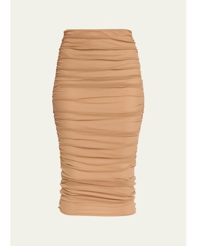 Fuzzi Ruched Tulle Pencil Midi Skirt - Natural
