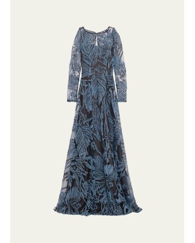 Naeem Khan Raffia Embroidered Gown With Sheer Overlay - Blue