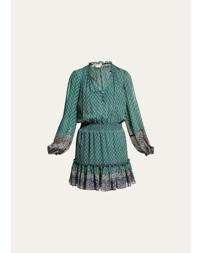 Veronica Beard Destiny Printed Smocked Waist V-neck Mini Dress - Green
