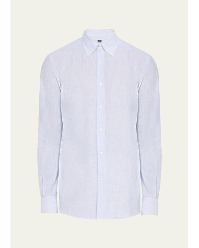 Bergdorf Goodman Cotton-linen Nano Stripe Sport Shirt - White