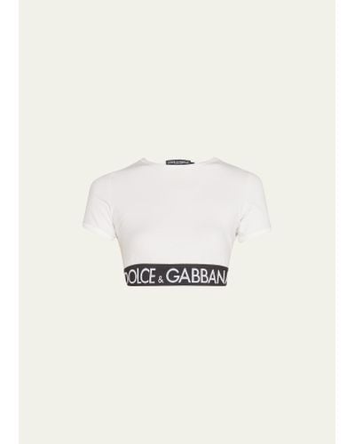 Dolce & Gabbana Short-sleeve Branded Elastic Cotton Crop Top - Natural