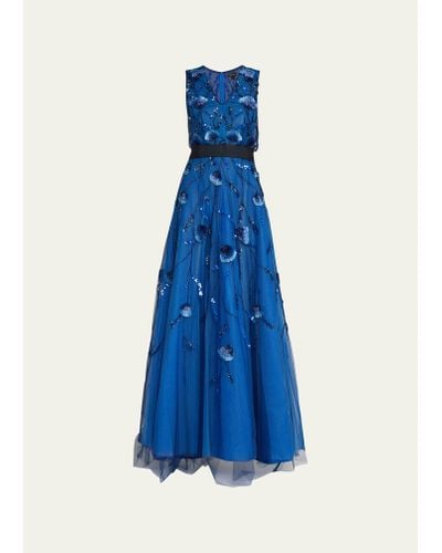 Reem Acra V-neck Embroidered A-line Gown With Black Waistband - Blue