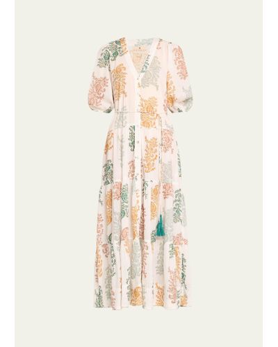 Hannah Artwear Anyeta Paisley Cotton Short-sleeve Tiered Midi Dress - Natural