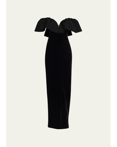 Monique Lhuillier Off-shoulder Column Gown With Ruffle Detail - Black