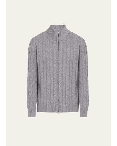 Bergdorf Goodman Cashmere Cable Zip Cardigan Sweater - Gray