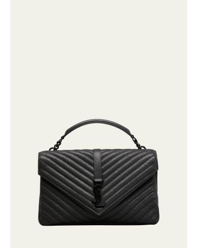 Saint Laurent College Large Flap Ysl Shoulder Bag In Quilted Leather - Black