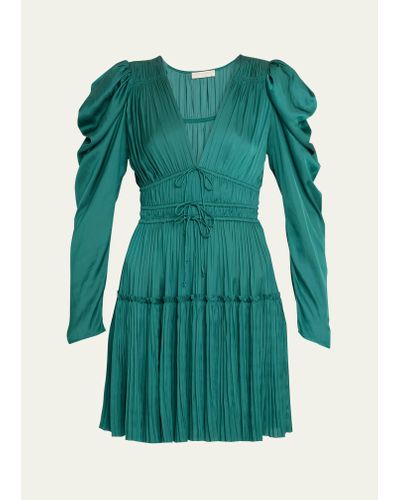 Ulla Johnson Lu Puff-sleeve Pleated Satin Mini Dress - Green