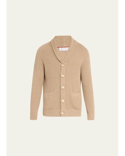 Brunello Cucinelli Cotton Ribbed Shawl Cardigan Sweater - Natural