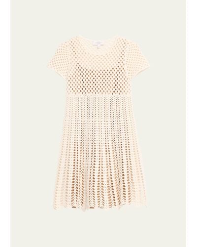 Michael Kors Cashmere Crochet-knit Short-sleeve Mini Dress - Natural