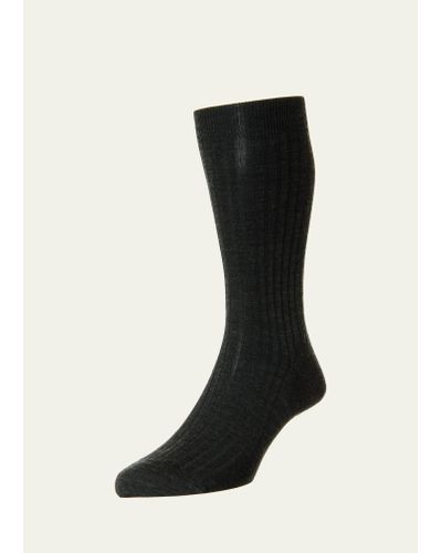 Pantherella Solid Wool Half-calf Socks - Black