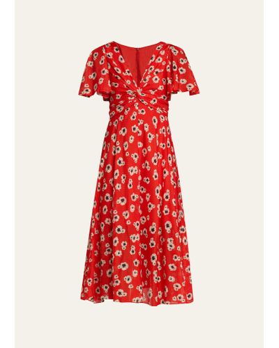 Prabal Gurung Floral-print Twisted Flutter-sleeve Midi Dress - Red