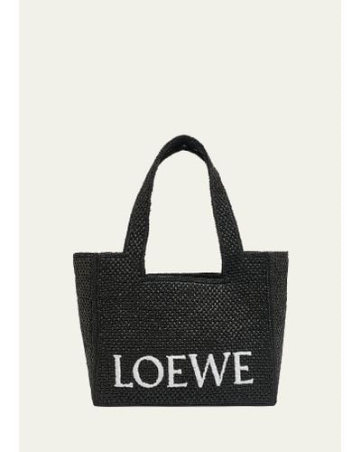 Loewe Logo Medium Tote Bag In Raffia - Black