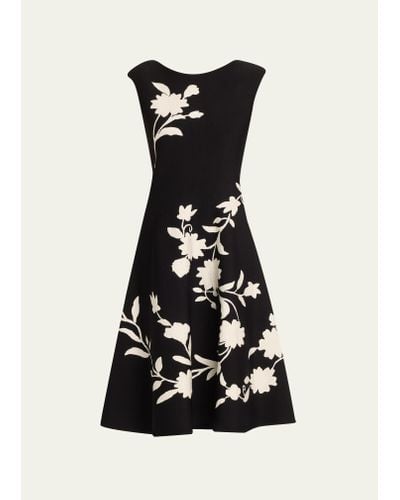 Carolina Herrera Flare Knit Midi Dress With Floral Detail - Black