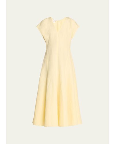 Lafayette 148 New York V-Neck A-Line Silk-Linen Midi Dress - Yellow