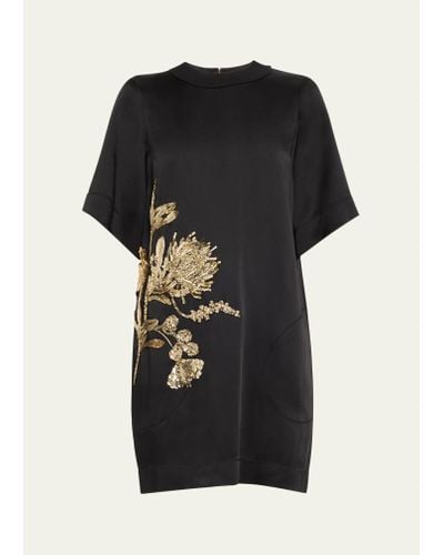 Jason Wu Hammered Satin Mini Shift Dress With Floral Embellished Details - Black
