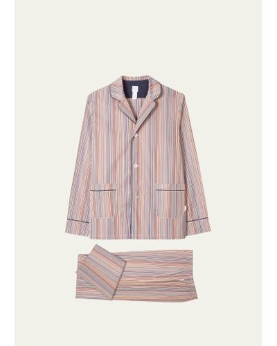 Paul Smith 'signature Stripe' Cotton Pajama Set With Navy Trims Gift Box Set Multicolor - Pink