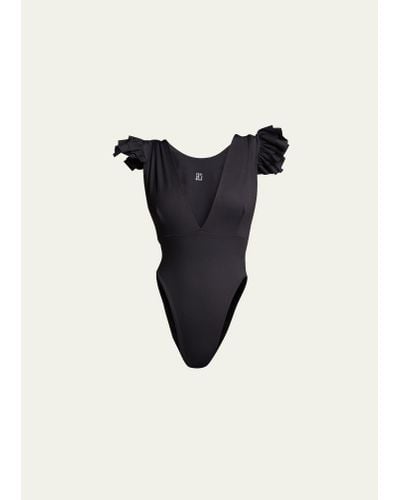 PORT DE BRAS Antillas Ruffled-shoulder One-piece Swimsuit - Black
