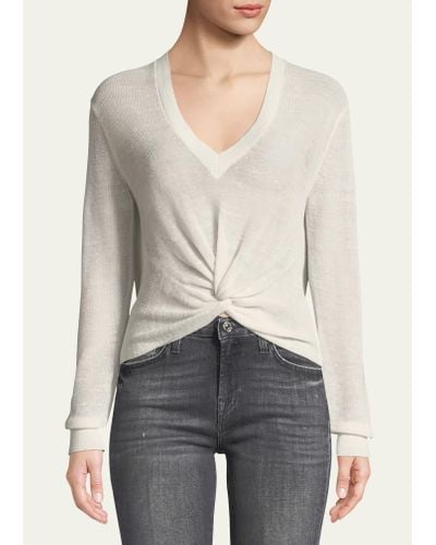 Veronica Beard Soren Twist-front V-neck Long-sleeve Rib Sweater - Gray