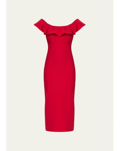 Carolina Herrera Ruffle Off-shoulder Midi Dress - Red