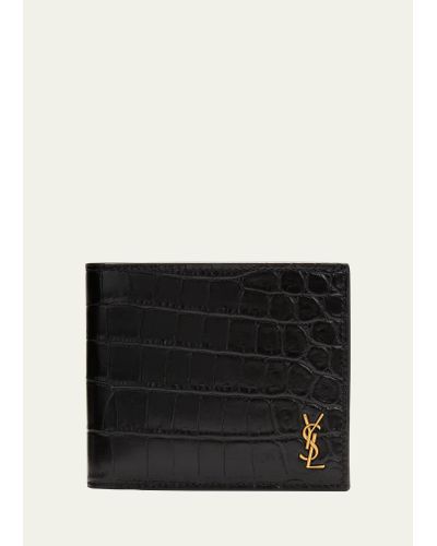 Saint Laurent Ysl Croc-embossed Bi-fold Wallet - Black