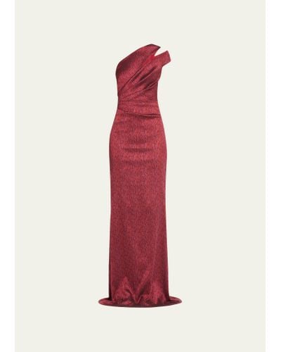 Teri Jon One-shoulder Cutout Jacquard Gown - Red