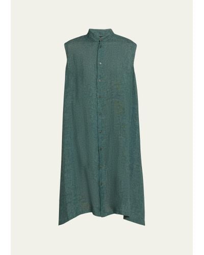 Eskandar A-line Collarless Sleeveless Shirt Dress - Green