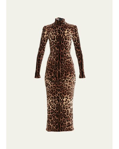 Dolce & Gabbana Leopard Jacquard Chenille High-neck Midi Dress - Multicolor