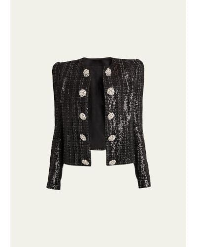 Balmain Collarless Sequined Tweed Jacket With Jewel Buttons - Black