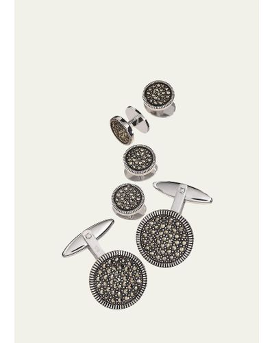Jan Leslie Round Marcasite Cuff Link And Stud Set - Natural