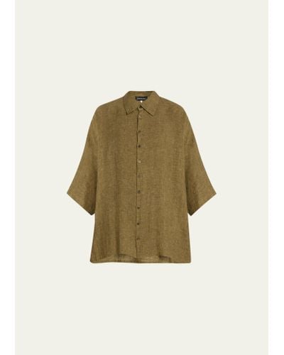 Eskandar Sloped Shoulder Wide A-line Linen Shirt With Collar (long Length) - Natural